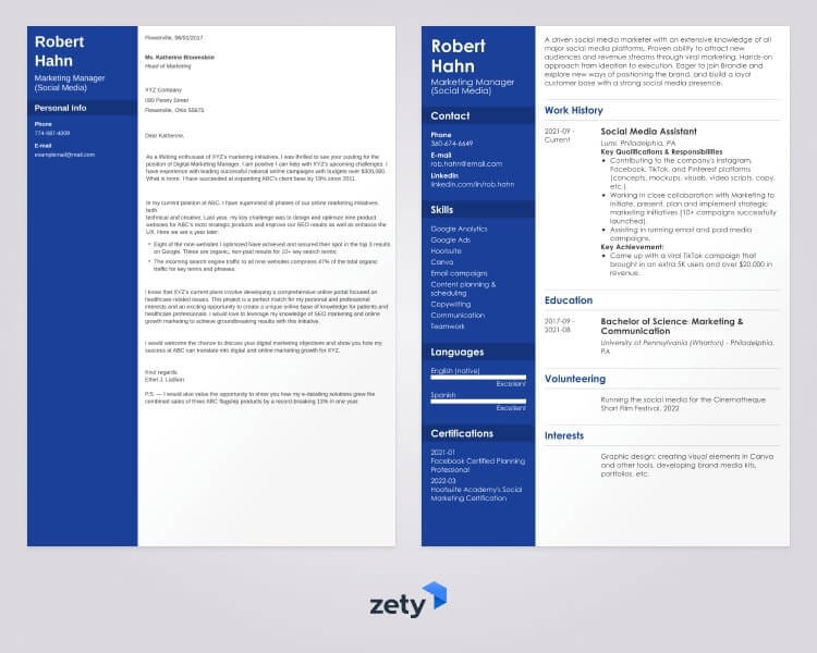 A firm of professional application download that correspond, containing a resume additionally cover letter, that were created with that Zety resume maker applying and Modern skills stencil, which has a two-column layout and decorative rectangles for and header and feeder sections. 